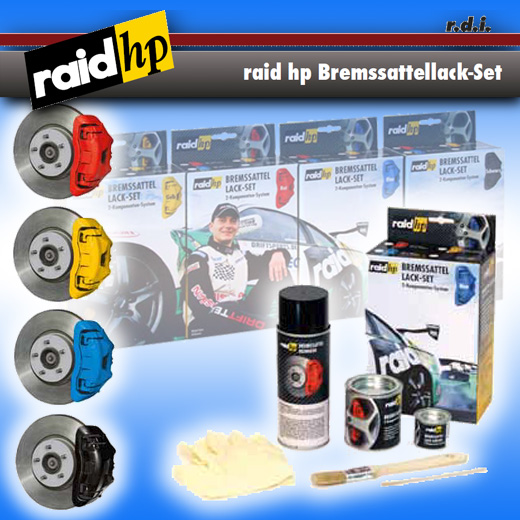 Produkt-Neuheit von raid hp: Bremssattellack-Set in rot, gelb, blau und schwarz