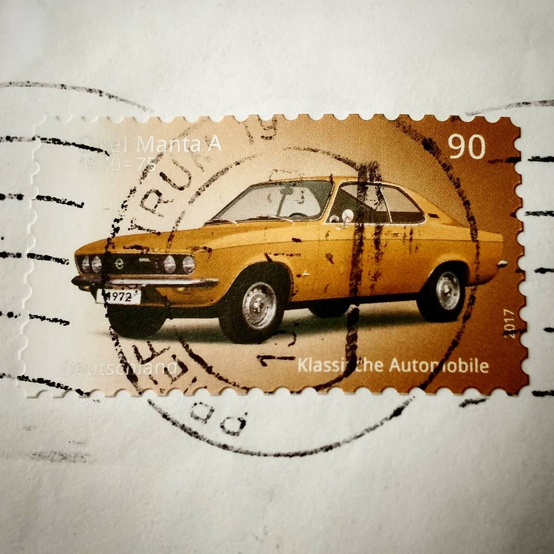In this day and age beautiful stamps become rare. This one made me smile. The @Opel Manta A was an affordable sports car in Germany. Sold from 1970 to 1975. Most of em became cans for soda drinks because of rust. So it’s always great to see a in a car show or in a museum. Thanks @DeutschePost for this ! ??